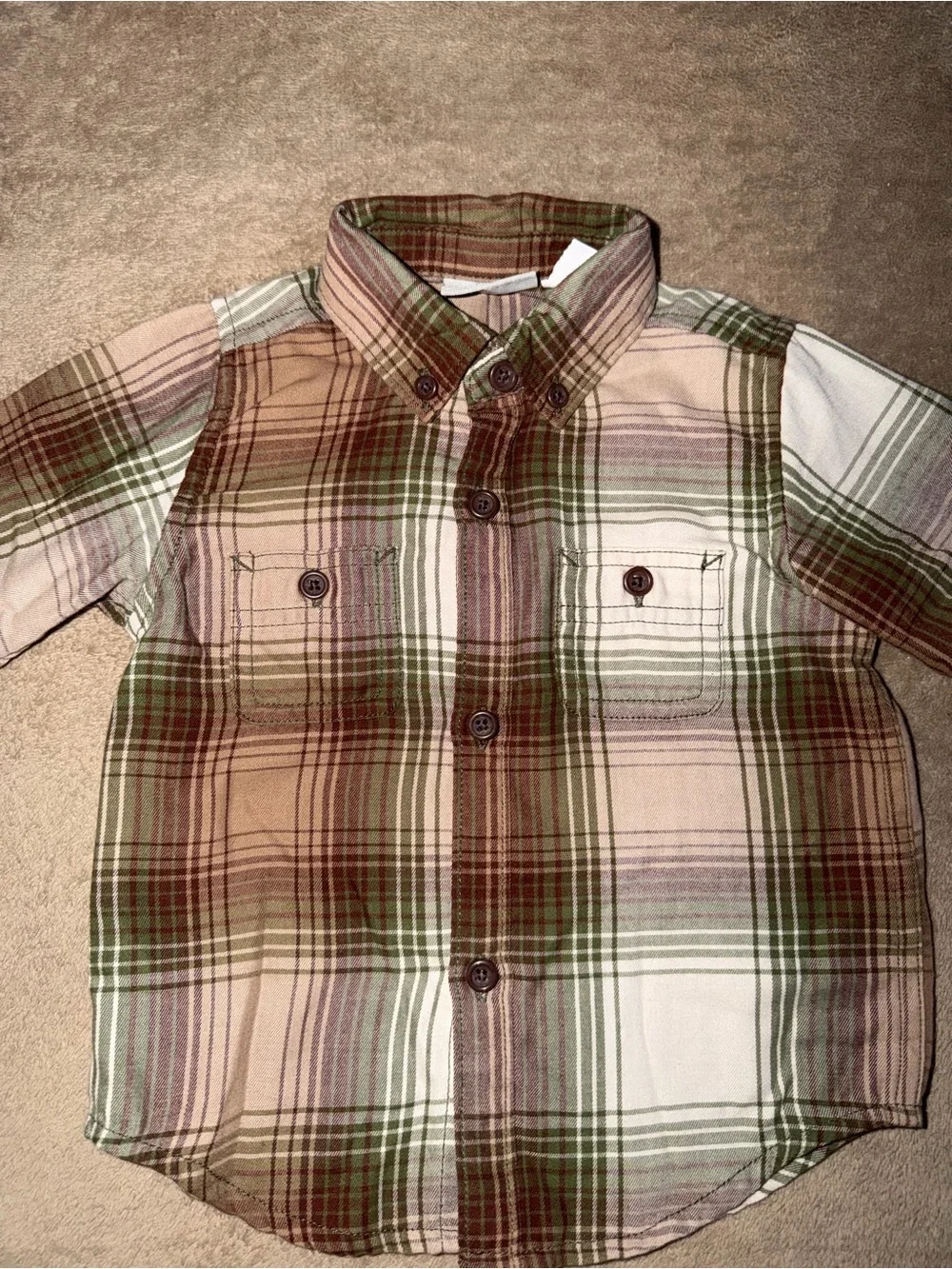Children’s Place Plaid Button-Down Shirt in Green, Tan & White
